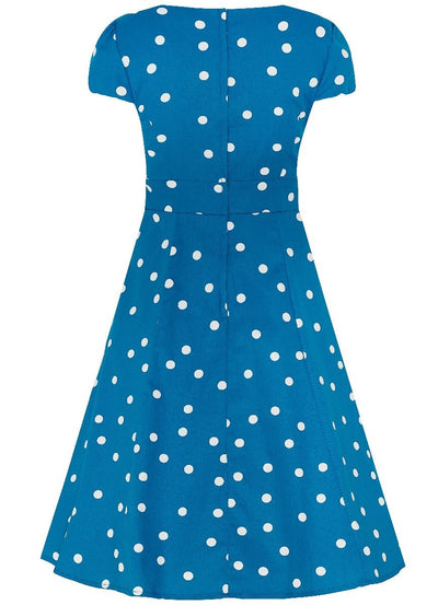 Claudia Flirty Fifties Style Dress Peacock Blue & White Polka Dots