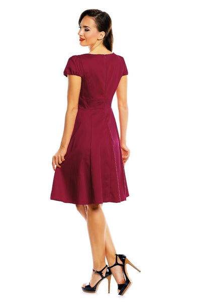 Plain burgundy red dress, with cap sleeves, back view