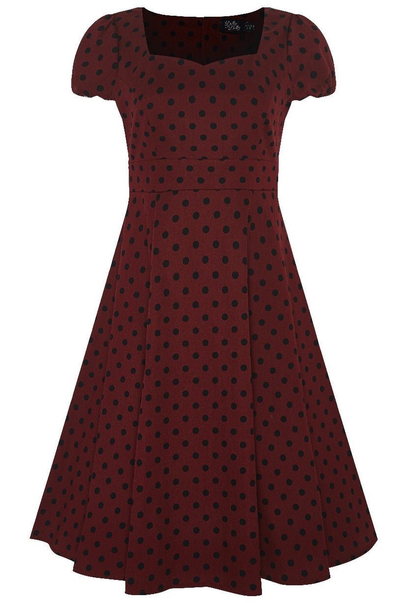 Burgundy dress with black polka dots
