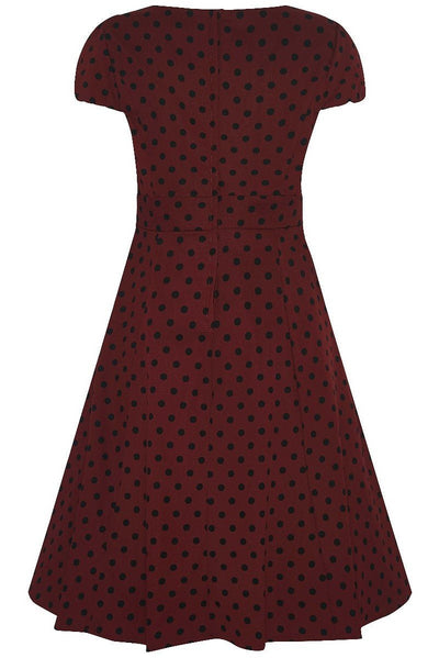 Burgundy dress with black polka dots back view