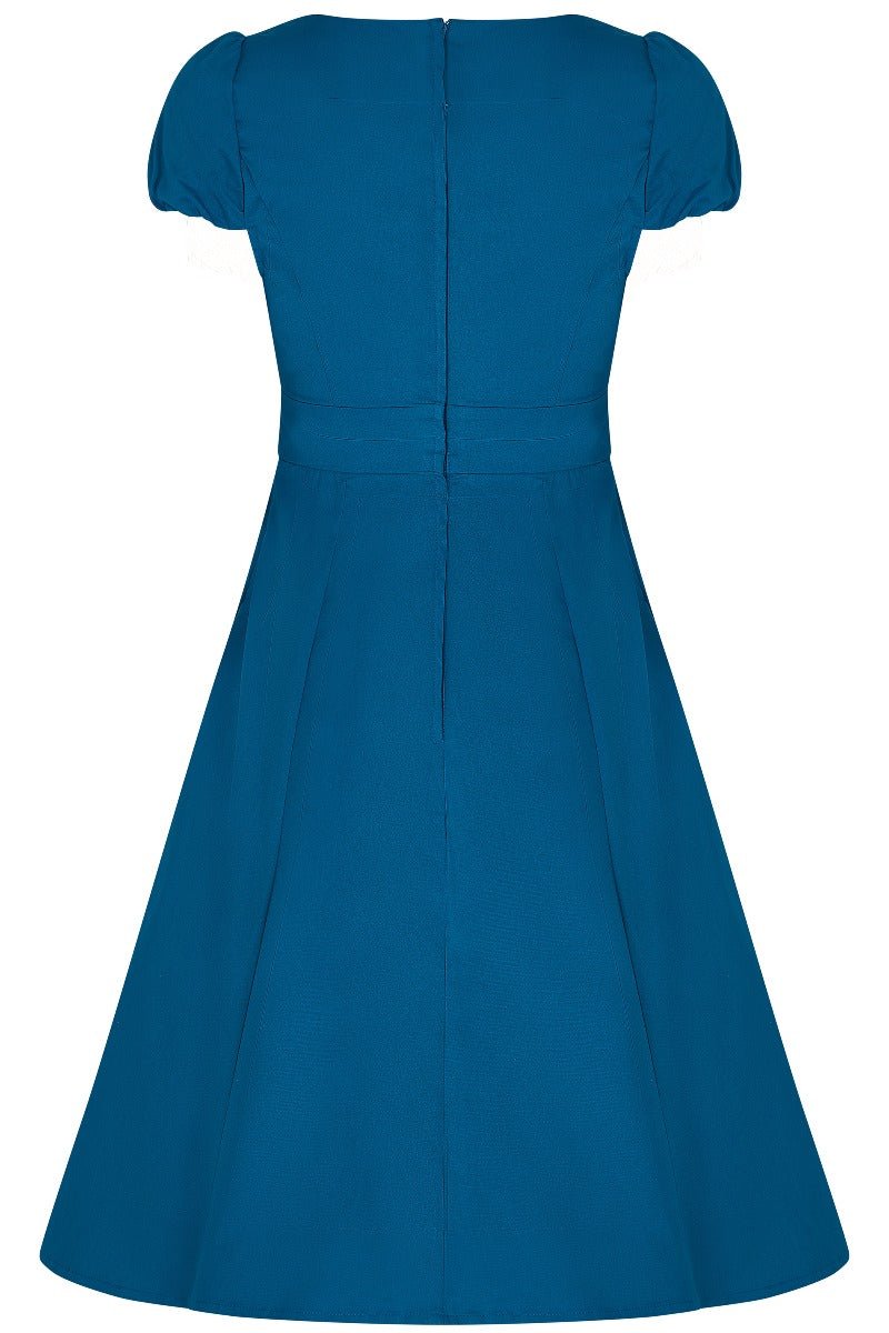 Plain peacock blue 50's dress back view
