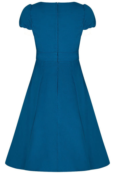Plain peacock blue 50's dress back view