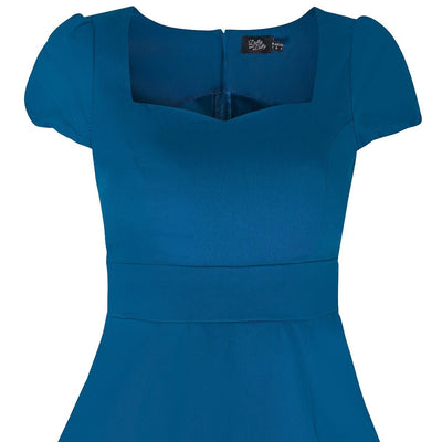 Plain peacock blue 50's dress close up