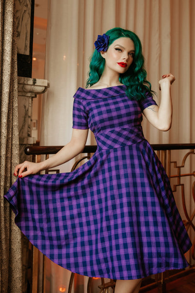 1950s Retro Off Shoulder Swing Dress in Purple Plaid