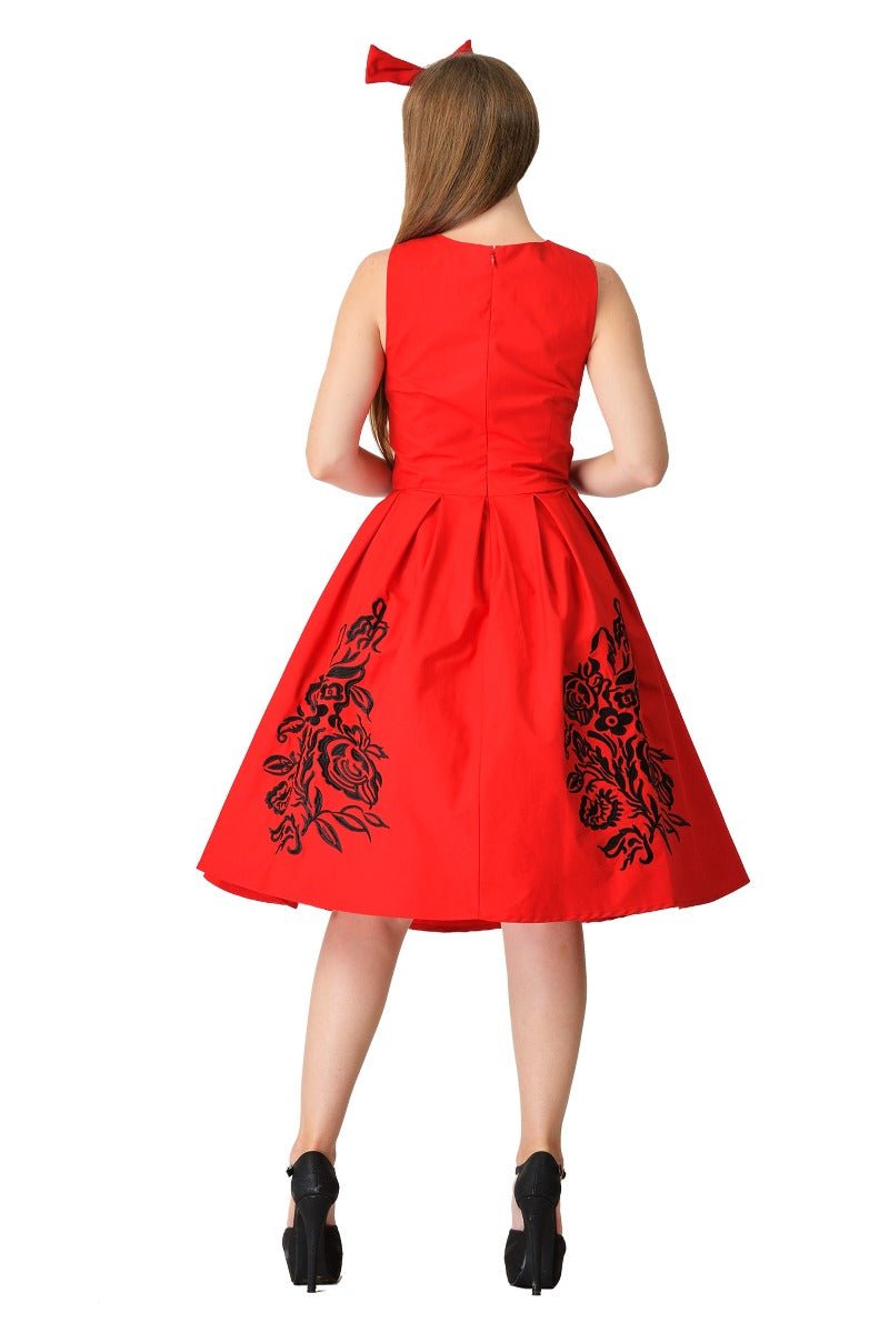 Annie Embroidered Roses Swing Dress in Red-Black