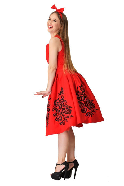 Annie Embroidered Roses Swing Dress in Red-Black