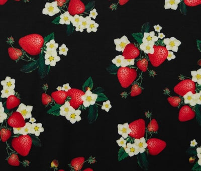 Janice V-Neck Sleeved Tea Dress in Black Strawberry Print