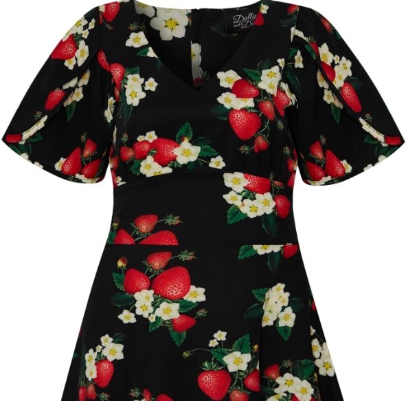 Janice V-Neck Sleeved Tea Dress in Black Strawberry Print