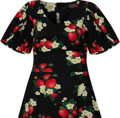 Janice V-neck Petal Sleeved Flared Dress- Black with Red Strawberries & White Flowers