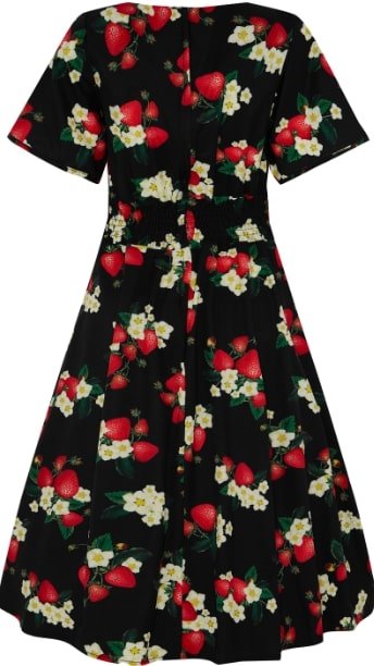 Janice V-neck Petal Sleeved Flared Dress- Black with Red Strawberries & White Flowers