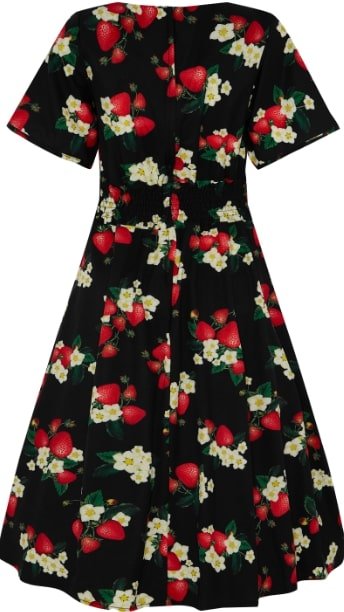 Janice V-Neck Sleeved Tea Dress in Black Strawberry Print
