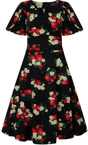 Janice V-Neck Sleeved Tea Dress in Black Strawberry Print