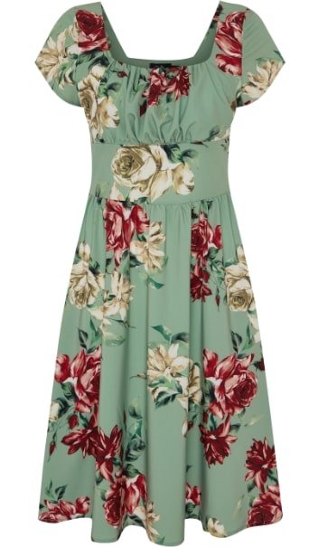 Viktoria 50s inspired A-line Green dress with Red and White Rose Print