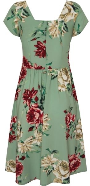 Viktoria 50s inspired A-line Green dress with Red and White Rose Print