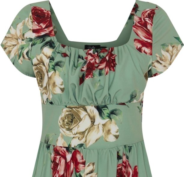 Viktoria 50s inspired A-line Green dress with Red and White Rose Print