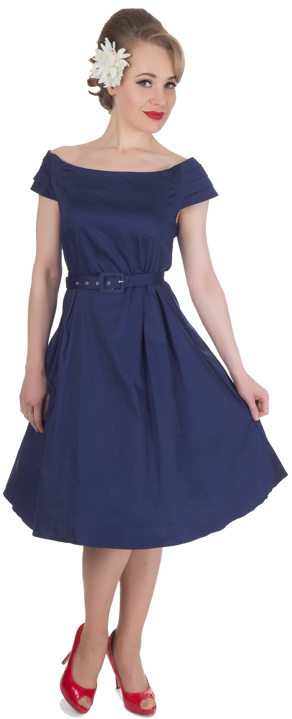 Model wearing our Marcia rockabilly dress, with boat neck, in navy blue, front view