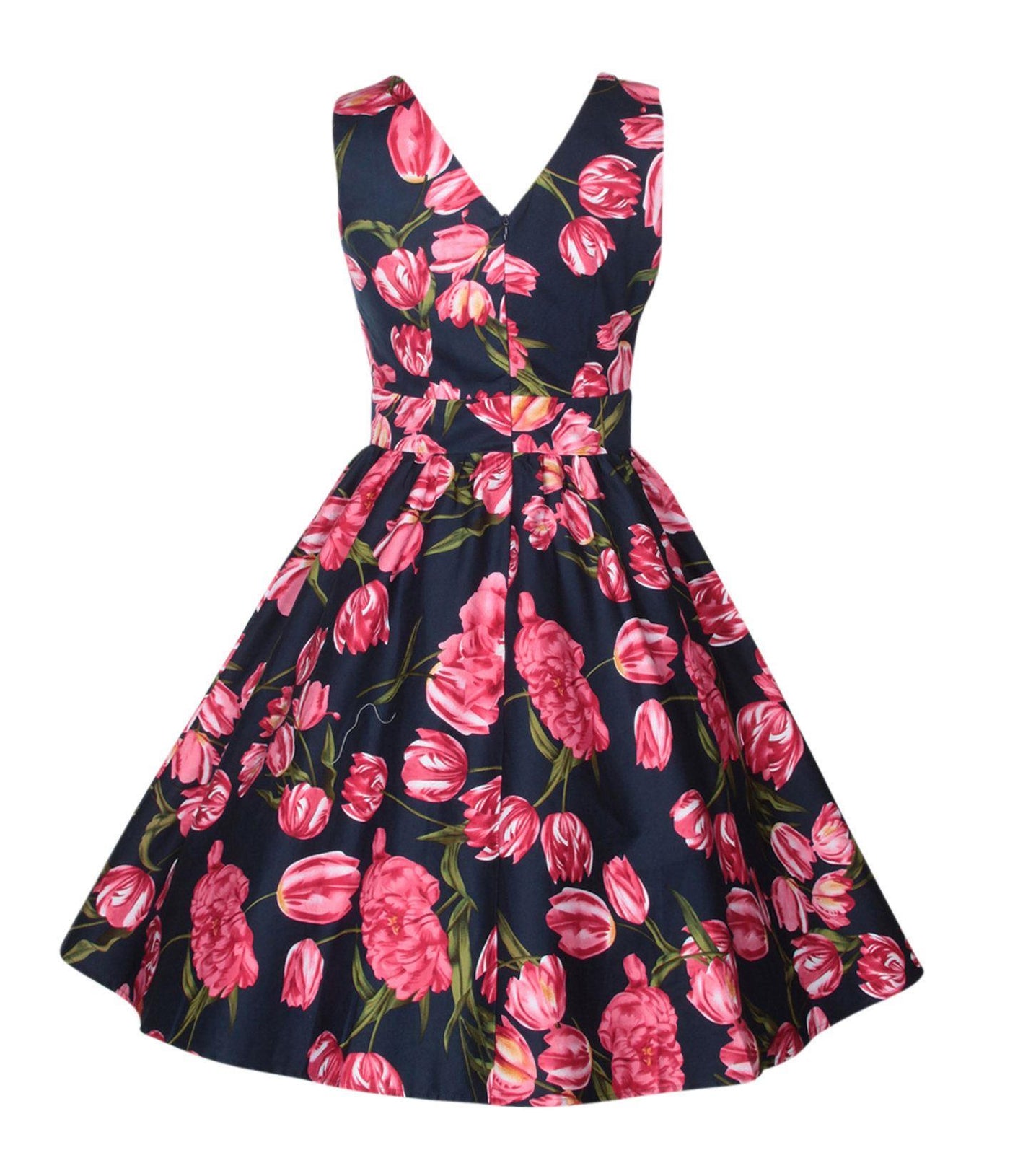 May V neck floral dress, in navy blue, with pink tulips, back view