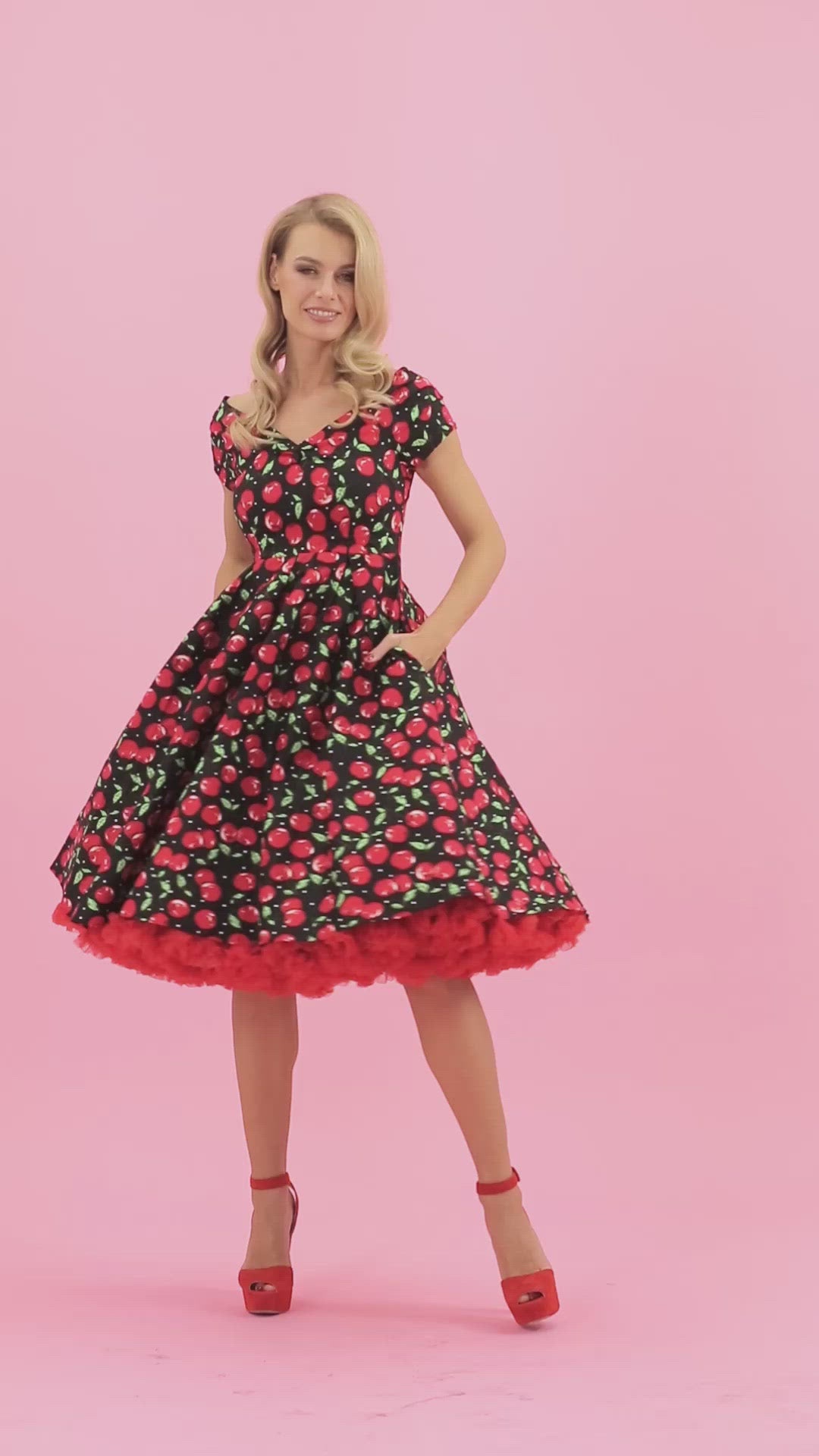 Quirky Red Cherry Off Shoulder Swing Dress video