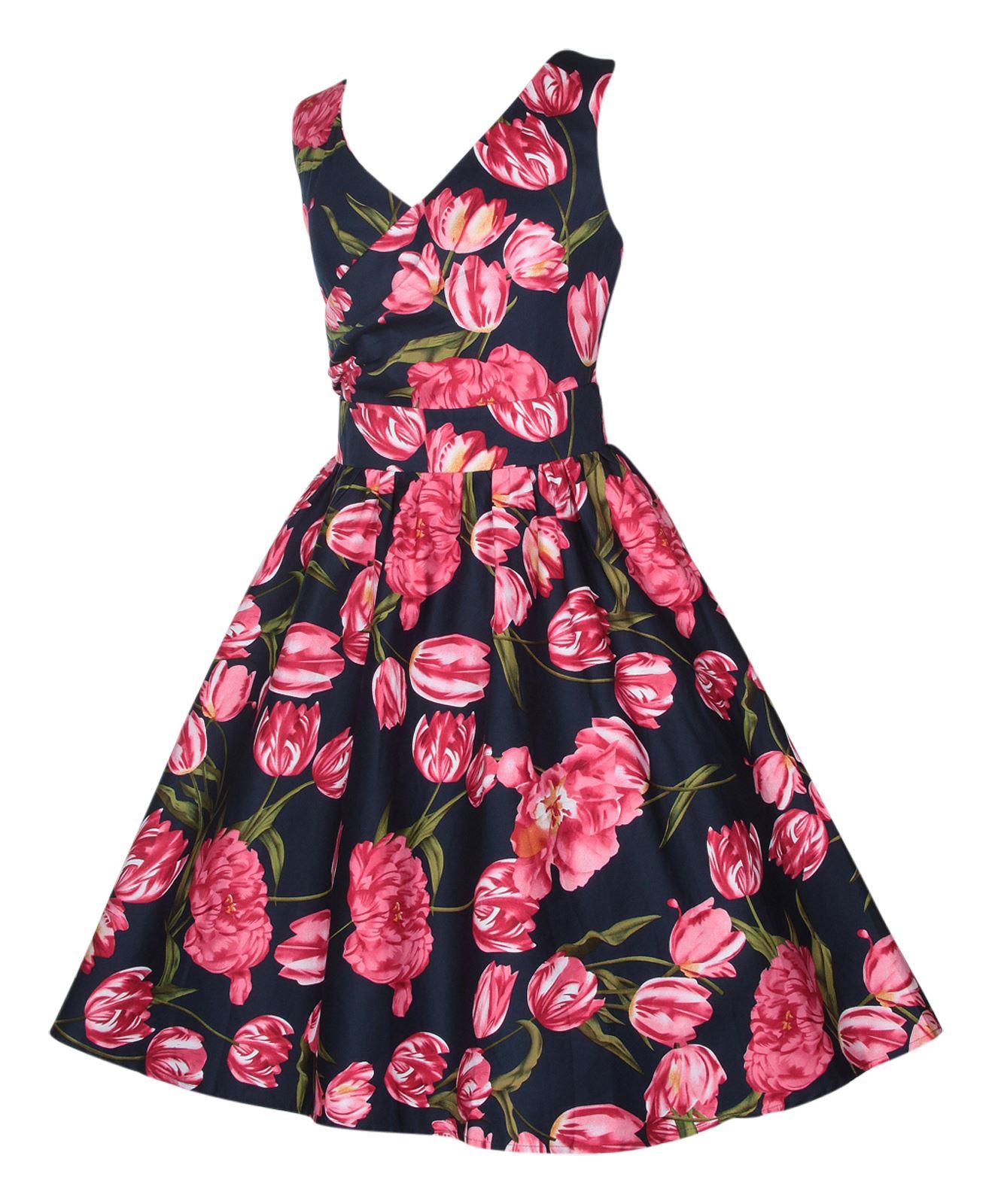 May V neck floral dress, in navy blue, with pink tulips, side view