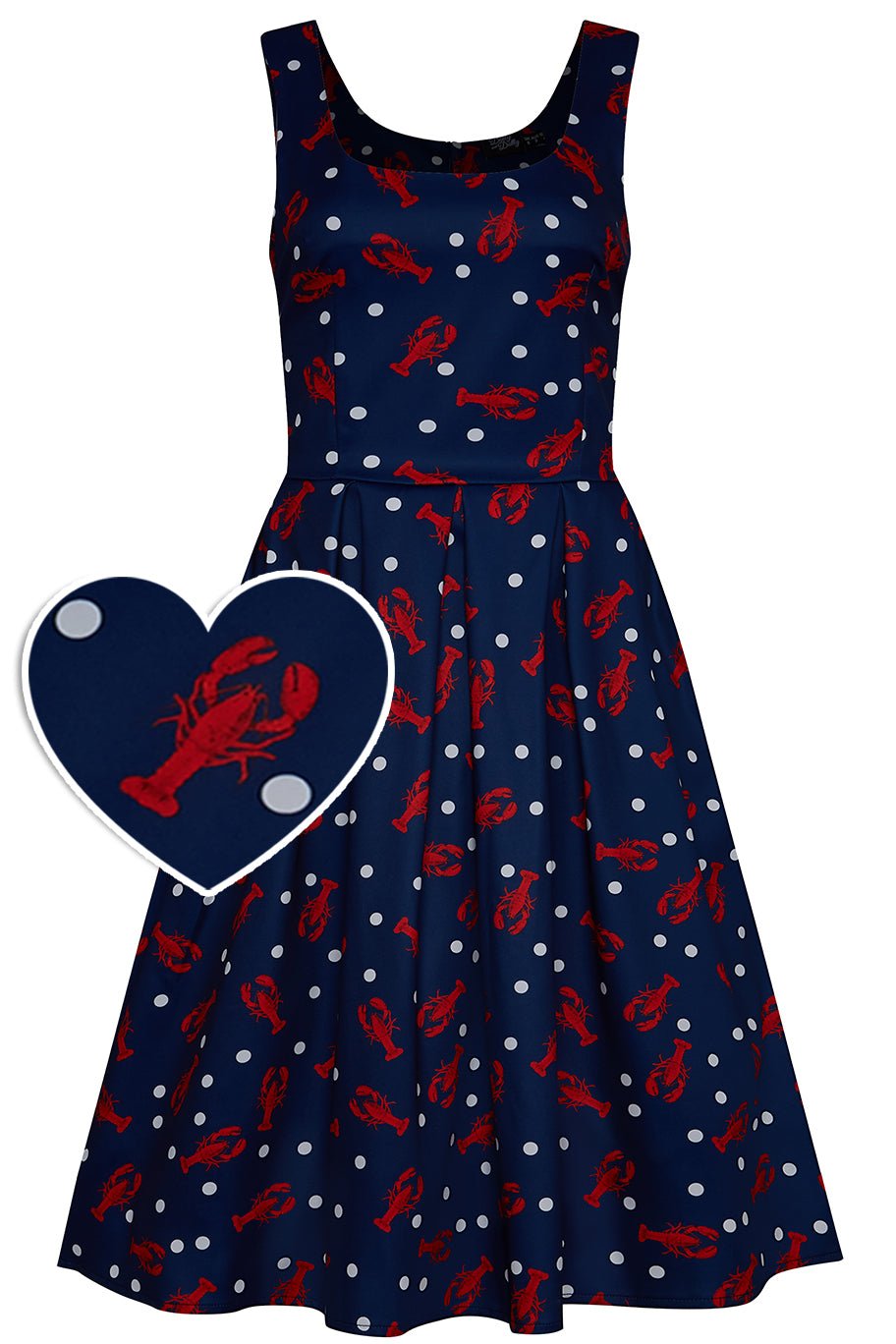 50s Inspired Navy Swing Dress with Red Lobsters and White Dots