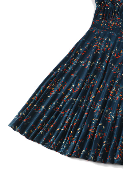 Close up View of 50s style blue chili print vintage swing dress