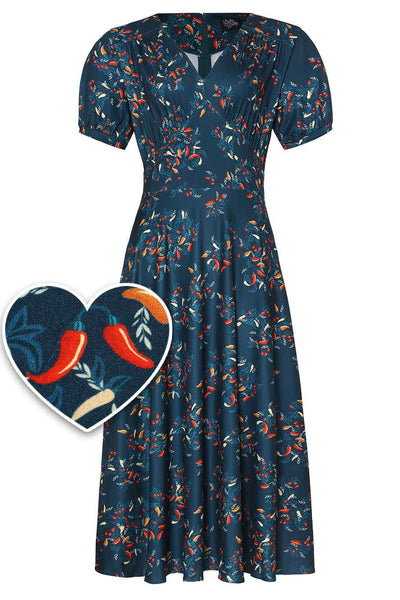 Front View of 50s style blue chili print vintage swing dress