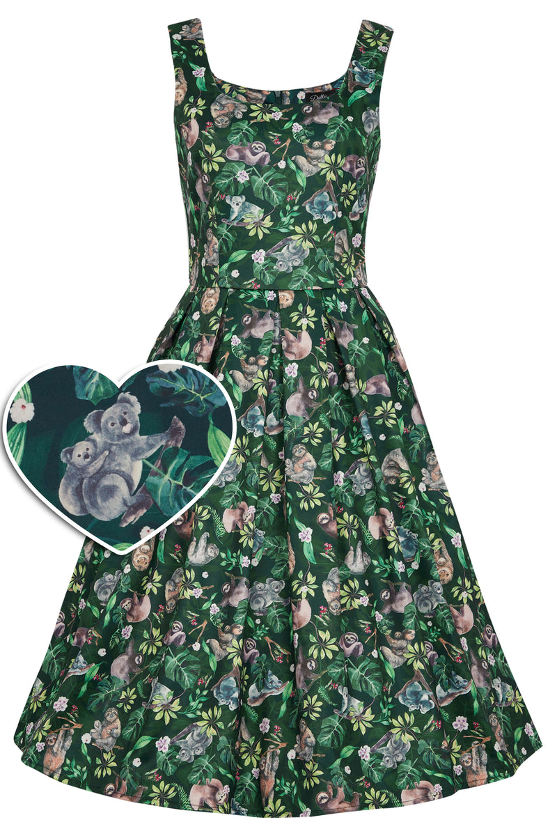 50s-style-koala-and-sloth-print-circle-dress-front-view