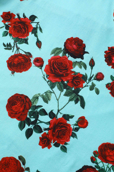 50s Style Red Rose Sleeved Dress in Blue