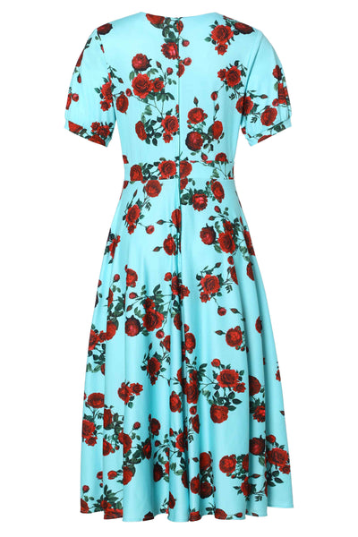 50s Style Red Rose Sleeved Dress in Blue