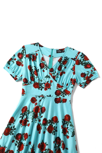 50s Style Red Rose Sleeved Dress in Blue