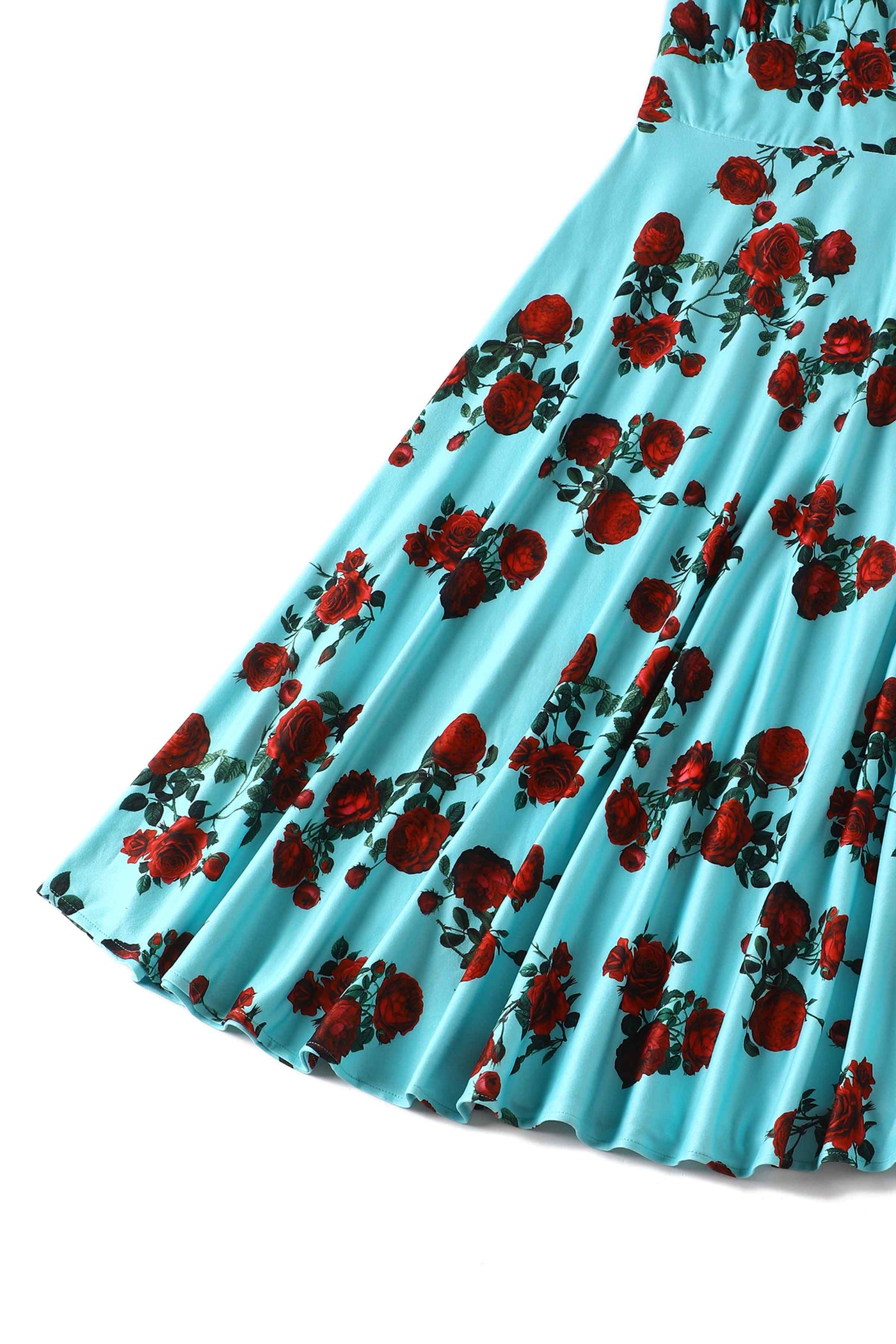 50s Style Red Rose Sleeved Dress in Blue