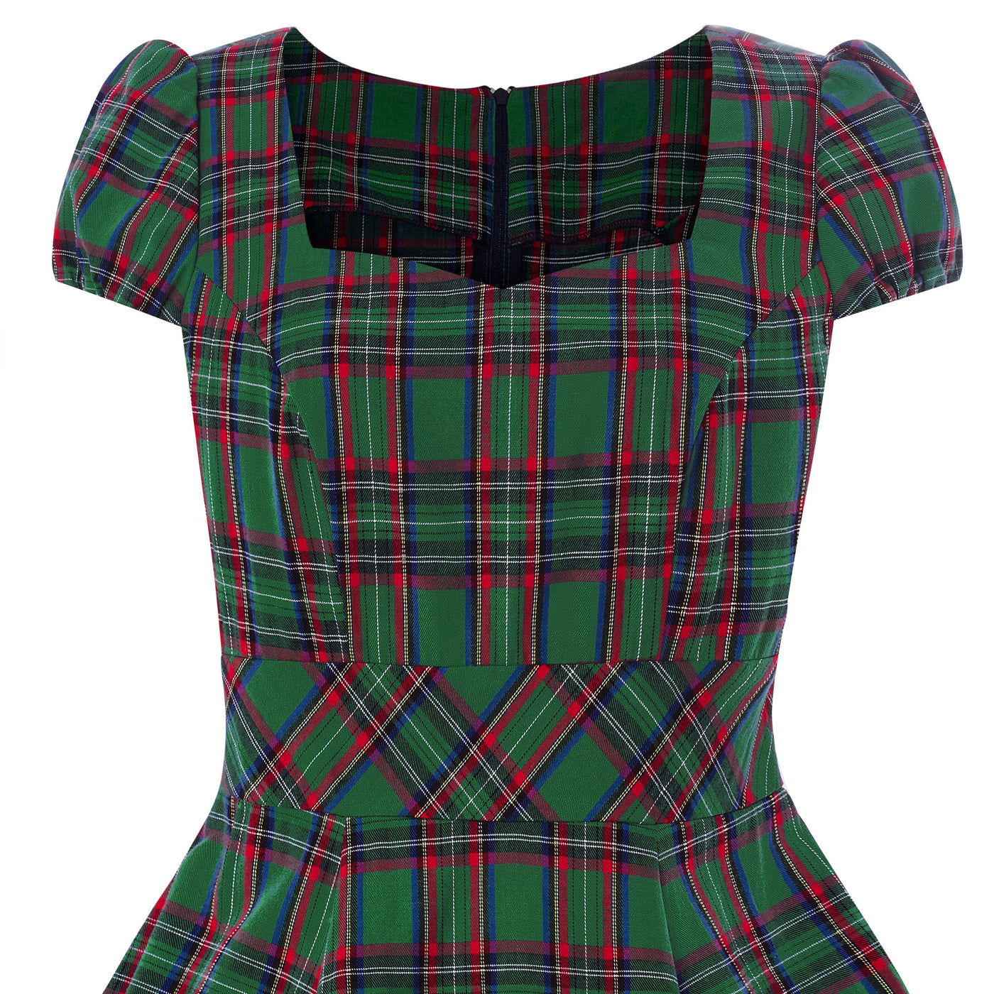 50s Green Tartan Swing Dress close up