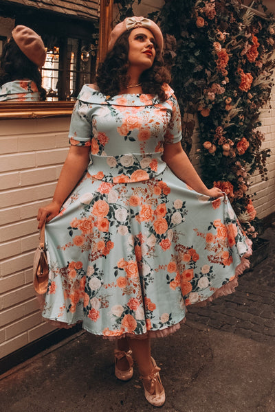 Woman's 50s Floral Off Shoulder Dress In Mint