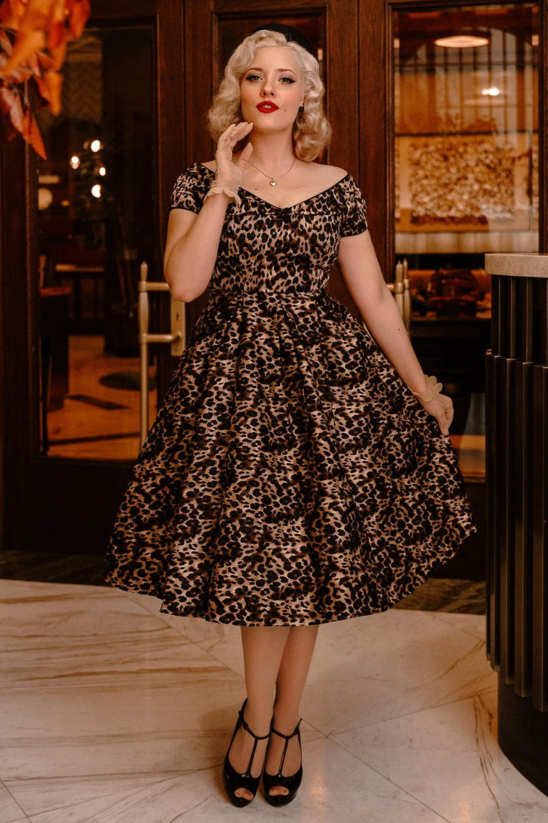 Lily 50s Rockabilly Dress in Brown Leopard Animal Print