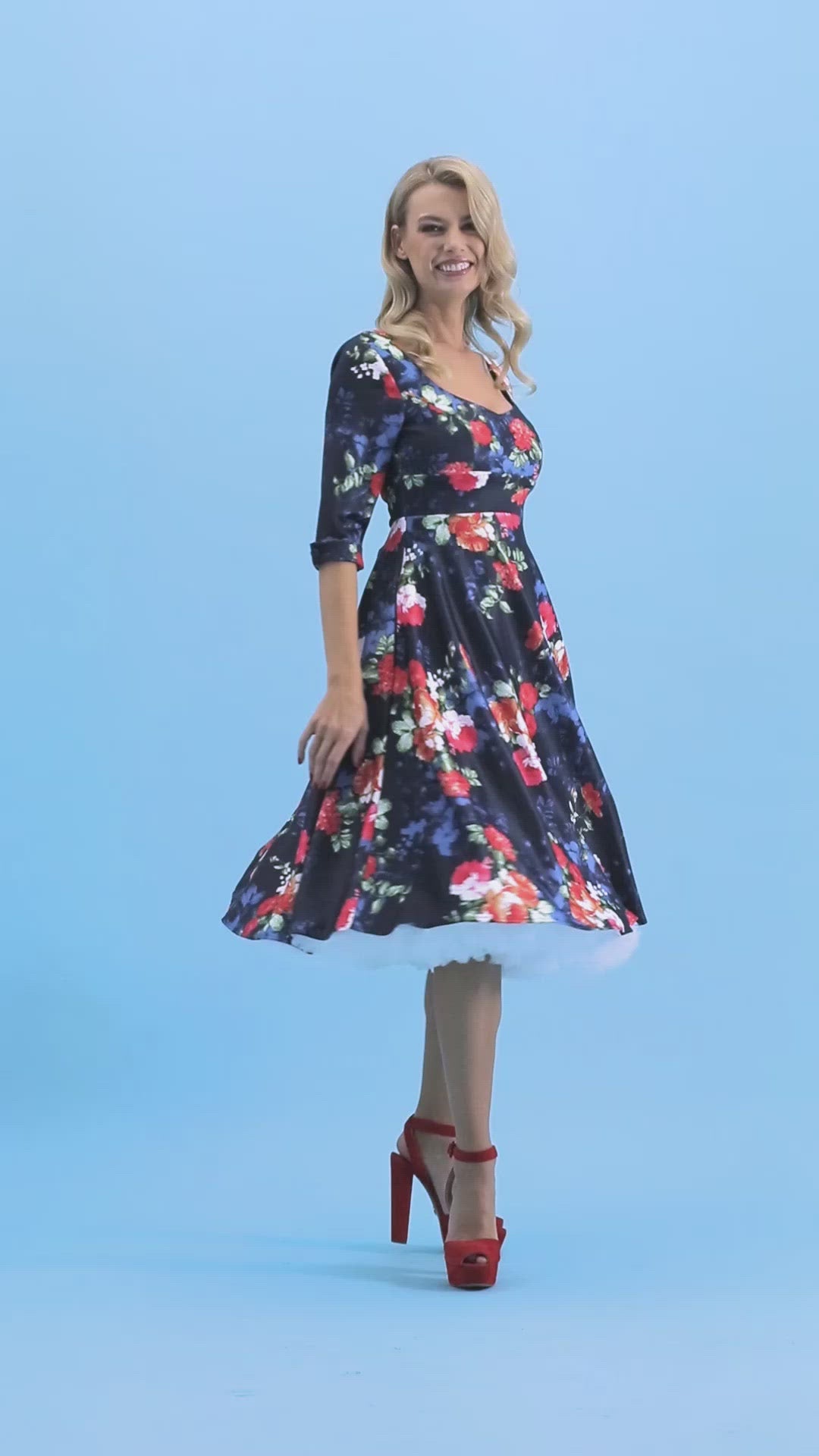 Scarlette Long Sleeved Navy Floral Midi Dress