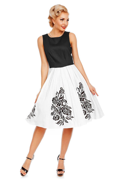 Embroidered Roses Swing Dress in Black/White