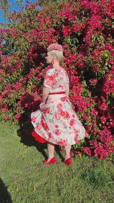 A video of Ms. miss_audrey_azure wearing our  Darlene Vintage Peony Floral Tea Dress In White & Pink.