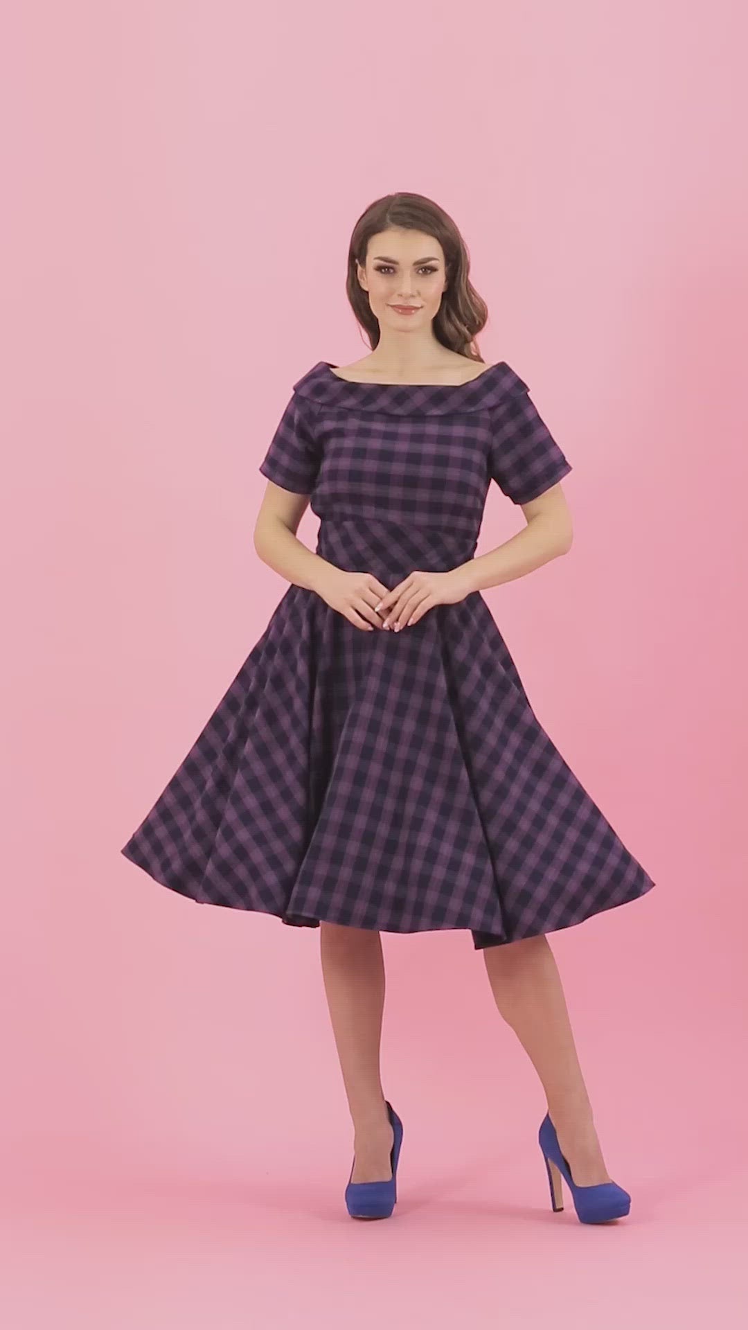 1950s Retro Off Shoulder Swing Dress in Purple Plaid