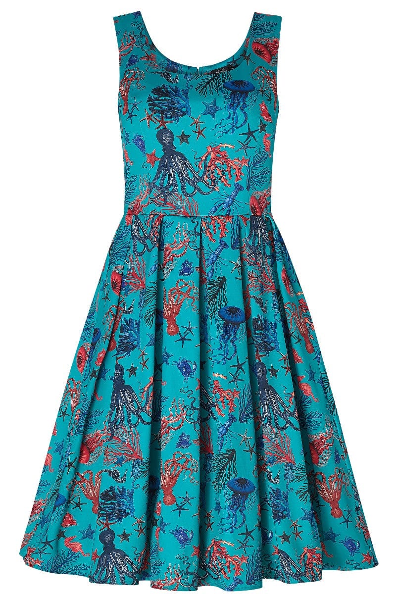 Amanda flared dress, in sea blue, with blue and red octopus, squid and jellyfish print, front view