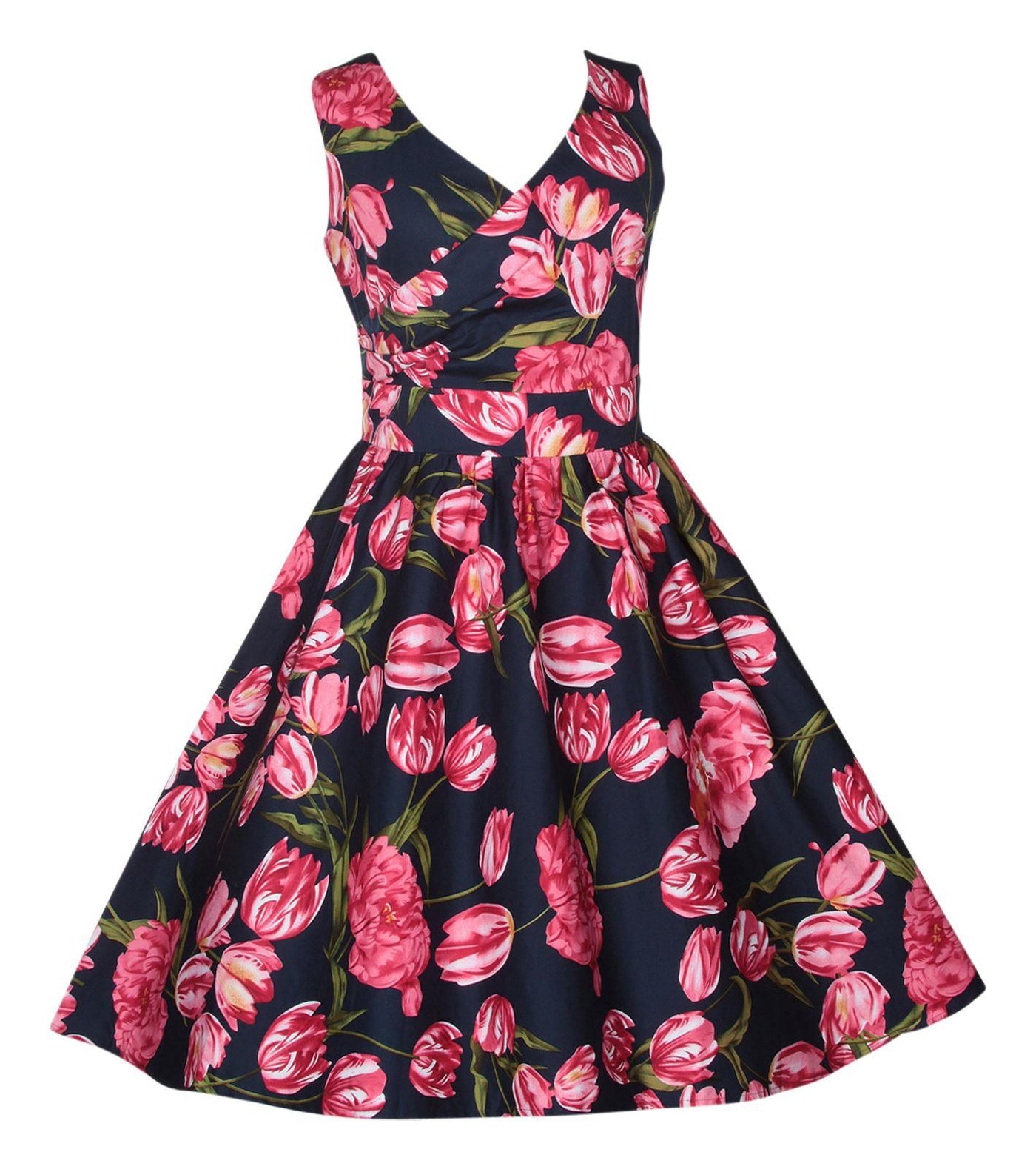 May V neck floral dress, in navy blue, with pink tulips, side view