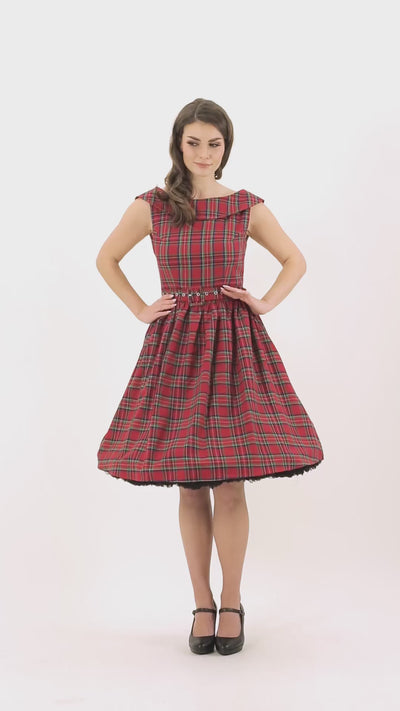 Video of a model posing wearing our Cindy Highland Red Tartan Circle Dress.