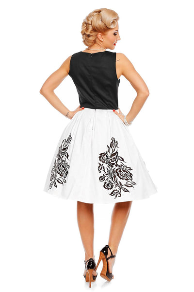 Embroidered Roses Swing Dress in Black/White