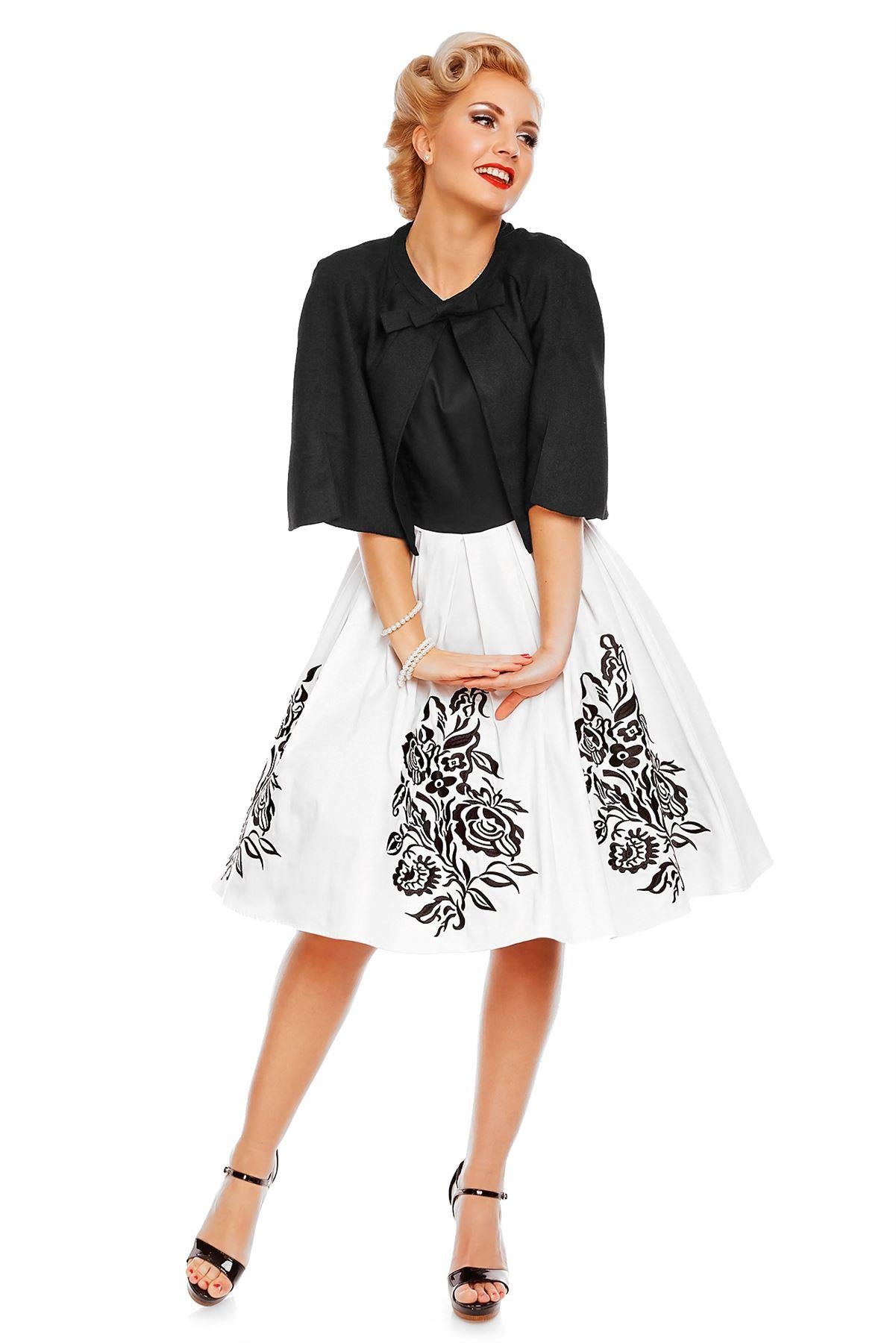 Embroidered Roses Swing Dress in Black/White