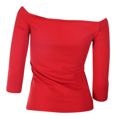 Gloria red off shoulder, long sleeve top, back view