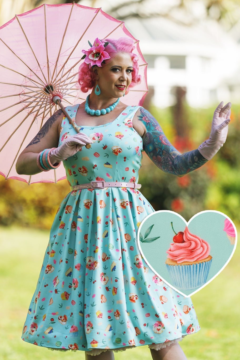 Amanda 50 s Afternoon Tea Dress In Blue Cake Print