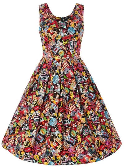 Amanda swing dress, in colourful pop art comic print, front view