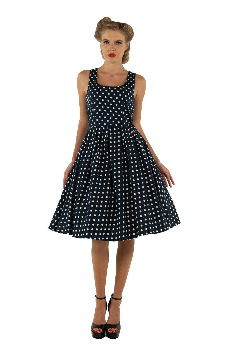 Amanda Scoop Neck Polka Dot Swing Dress in Navy Blue & White1