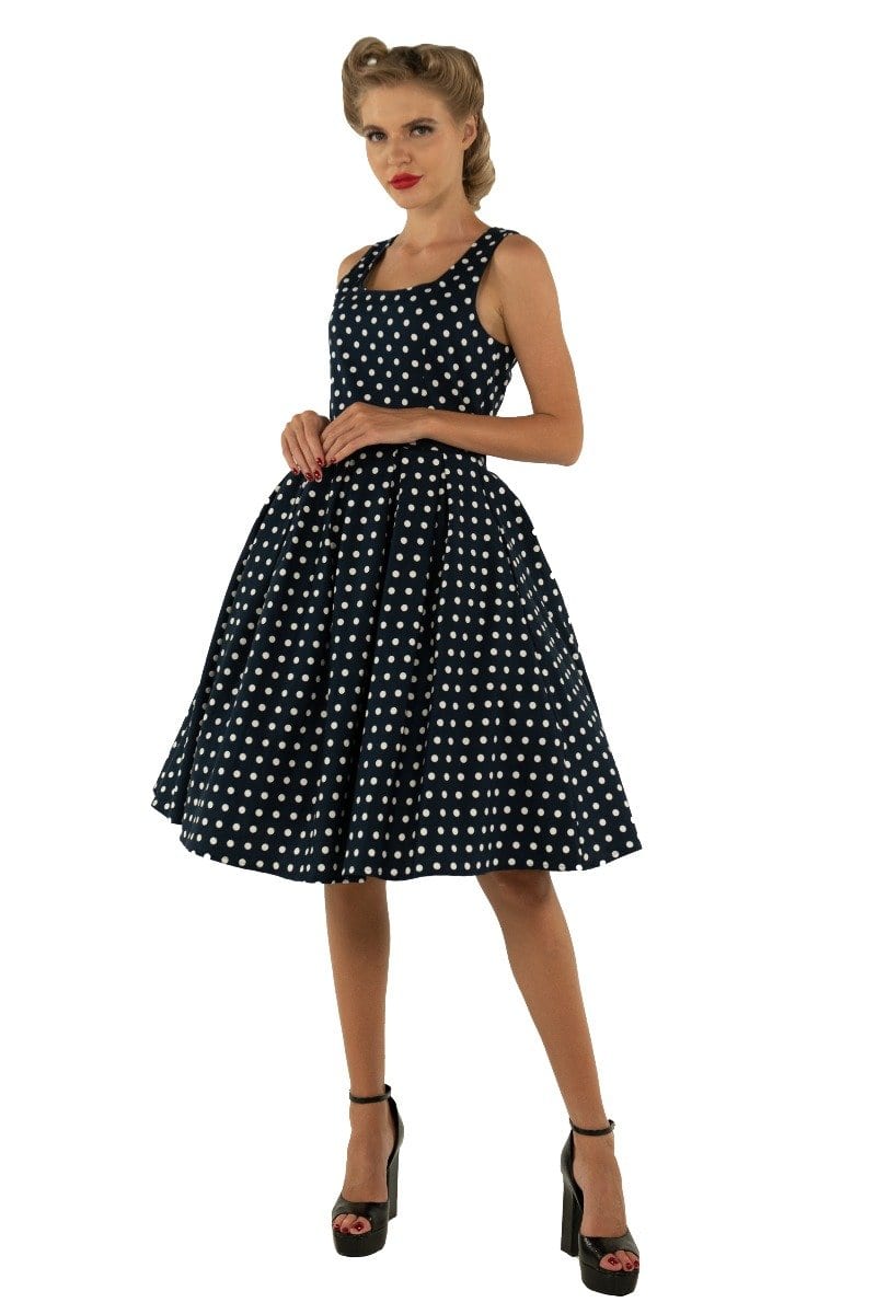 Amanda Scoop Neck Polka Dot Swing Dress in Navy Blue & White2