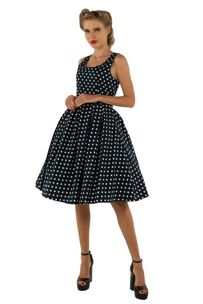 Amanda Scoop Neck Polka Dot Swing Dress in Navy Blue & White2