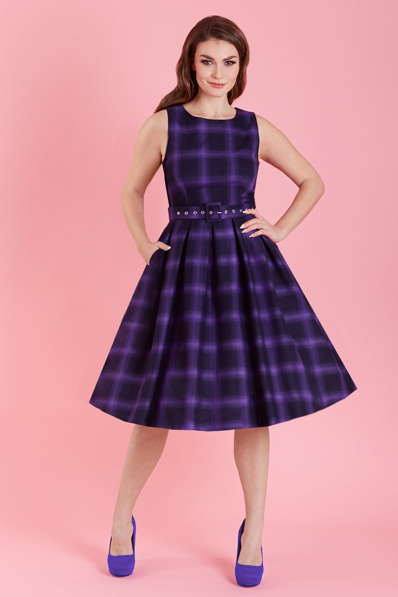 Annie Retro Black & Purple Tartan Swing Dress1